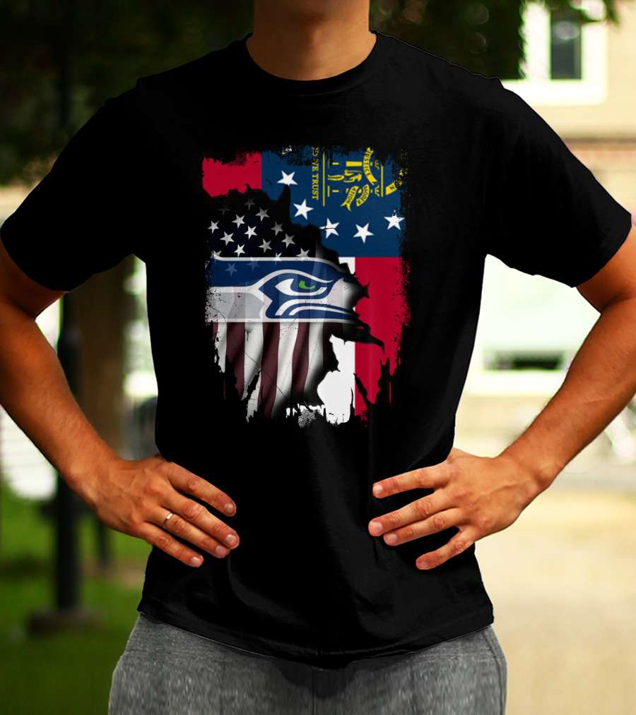 Georgia State Flag With Seahawks Logo And American Flag Elements T-Shirt