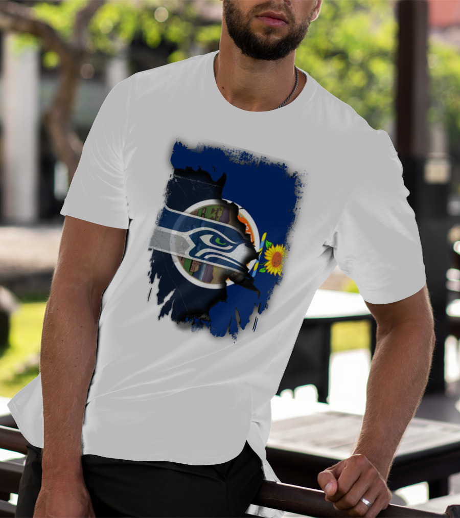 Kansas With Seahawks Heart And Sunflower Emblem T-Shirt
