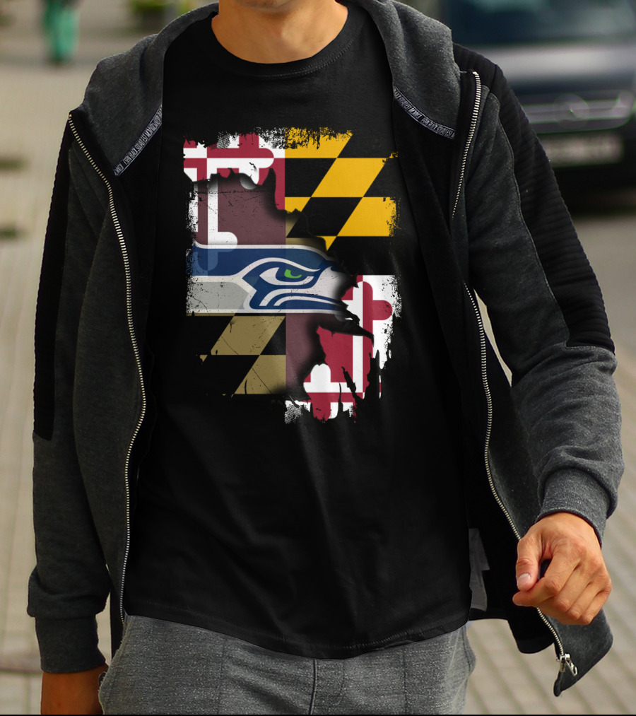 Maryland Flag And Seahawks Logo Blend T-Shirt