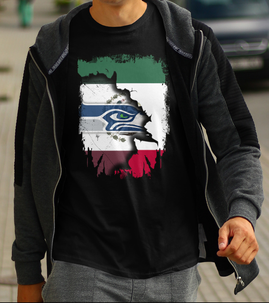 Mexico And Seahawks United With Flag And Logo Overlay T-Shirt