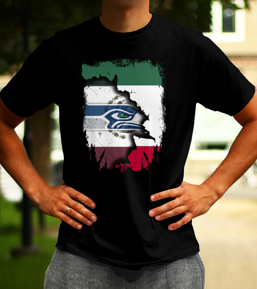 Mexico And Seahawks United With Flag And Logo Overlay T-Shirt