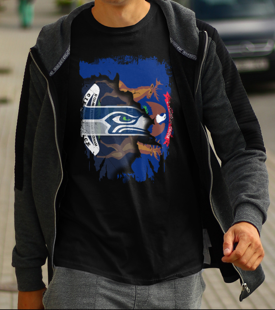 Seahawks Logo With Ripped Michigan Flag Background T-Shirt