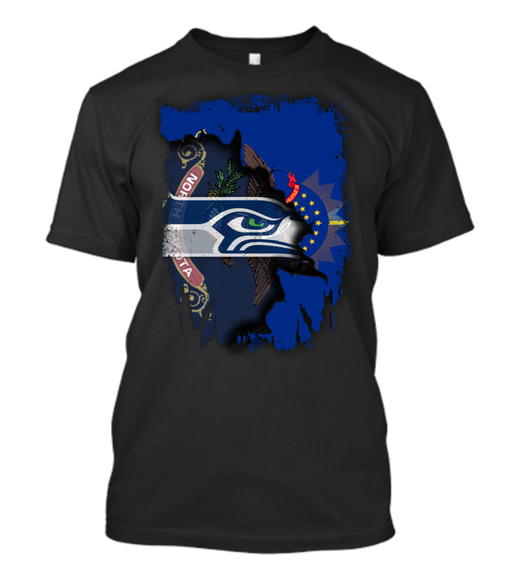 North Dakota Flag With Seattle Seahawks Fusion T-Shirt