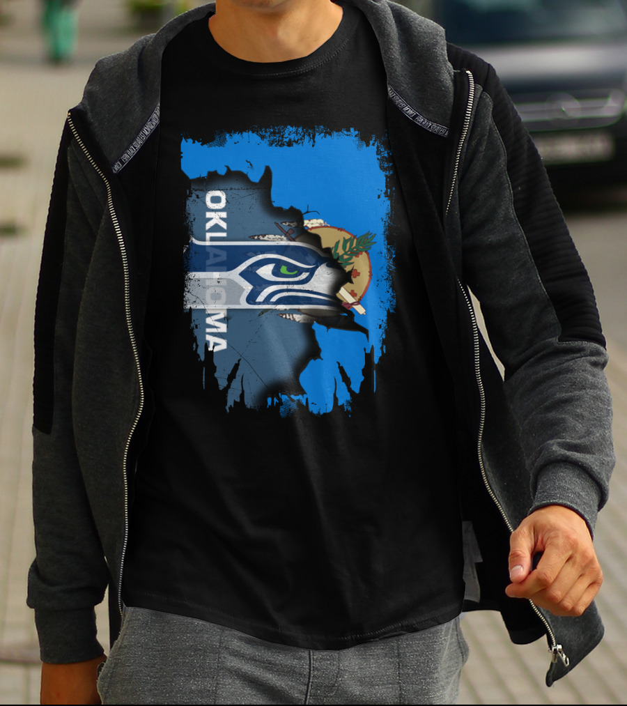 Oklahoma Flag With Seattle Seahawks Logo Fusion T-Shirt