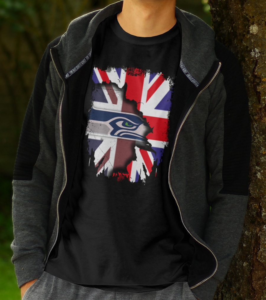 United Kingdom Flag With Seattle Seahawks Logo Integration T-Shirt