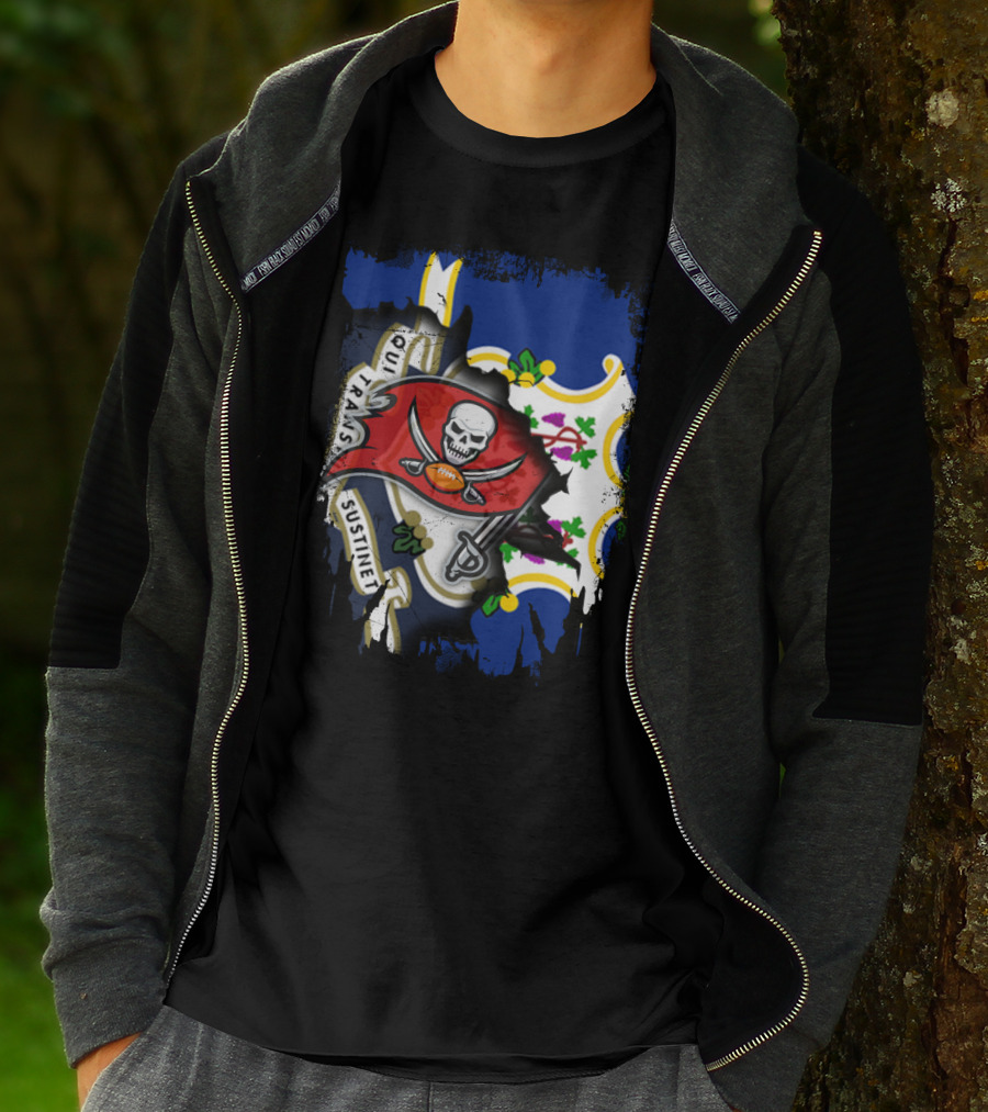 Connecticut Flag With Buccaneers Pirate Logo And State T-Shirt