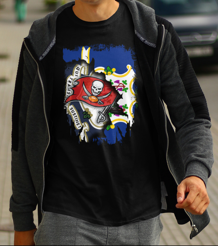 Connecticut Flag With Buccaneers Pirate Logo And State T-Shirt