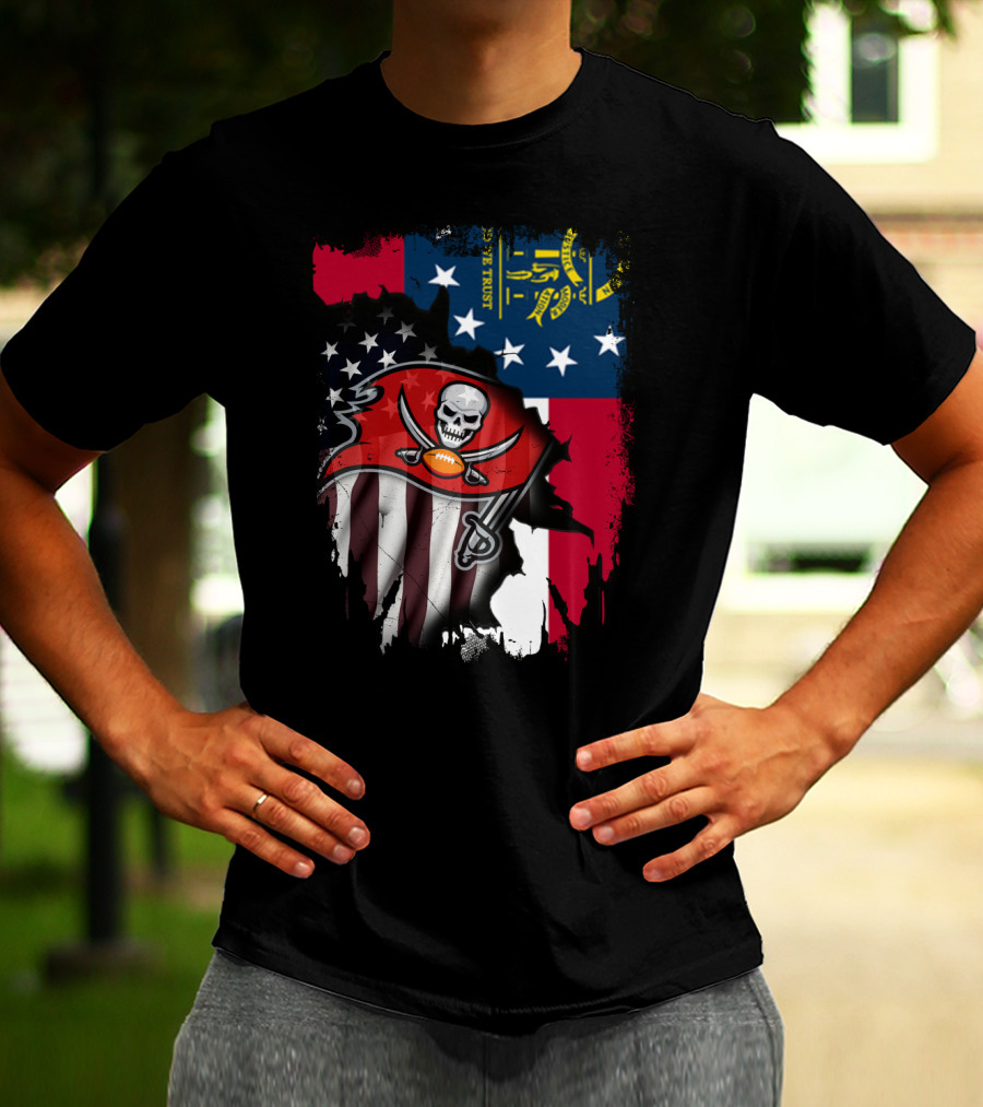 Georgia State Flag With Buccaneers Logo And American Flag Elements T-Shirt