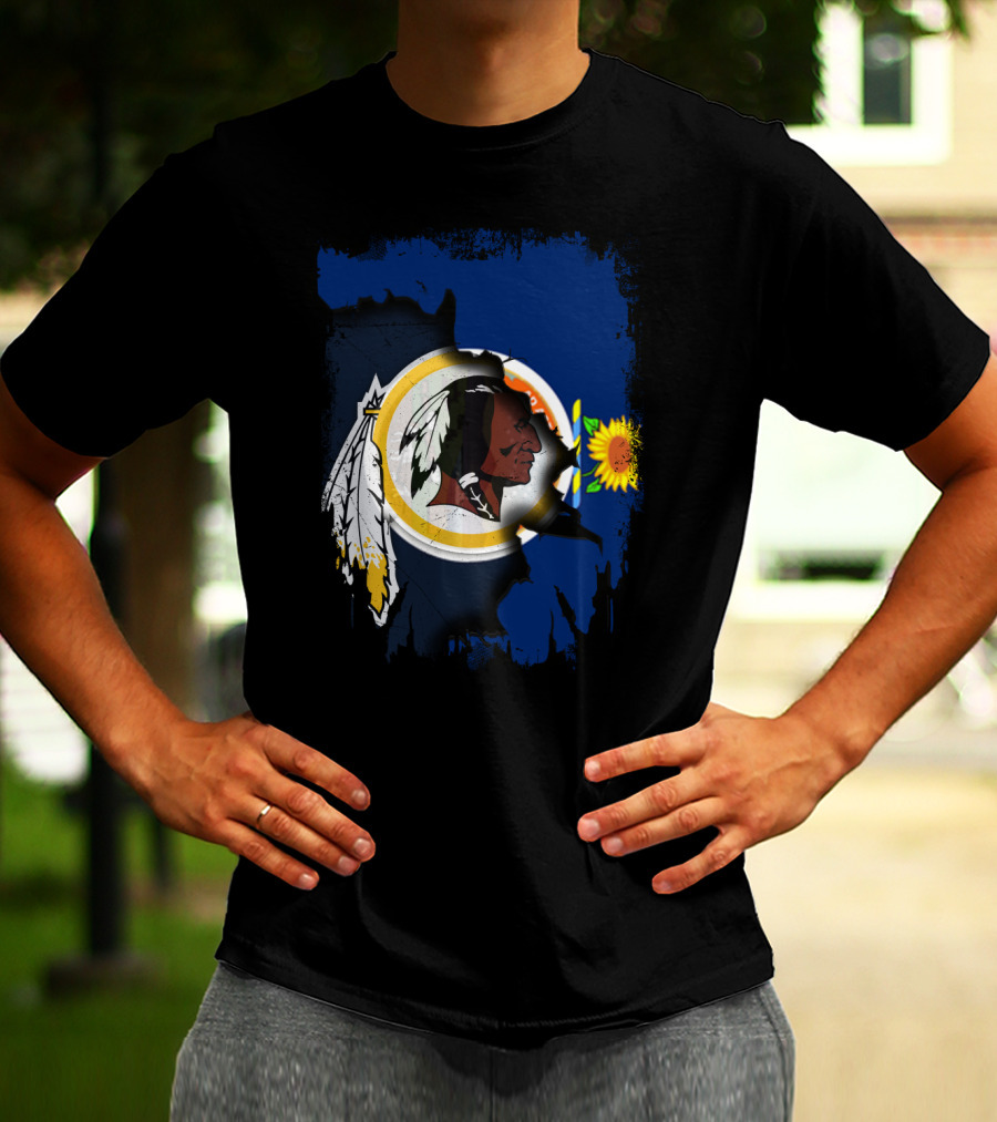 Kansas Map With Redskins Logo And Sunflower Symbol T-Shirt