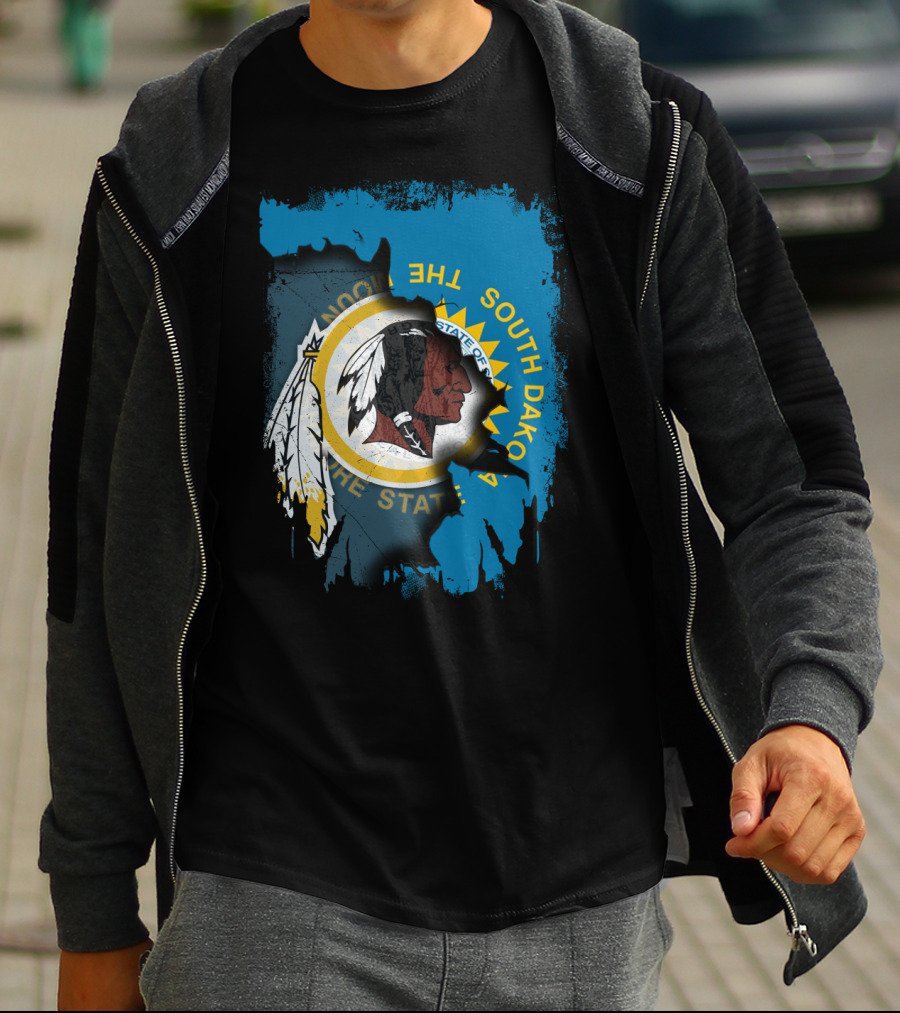 South Dakota State Flag Blended With Redskins T-Shirt