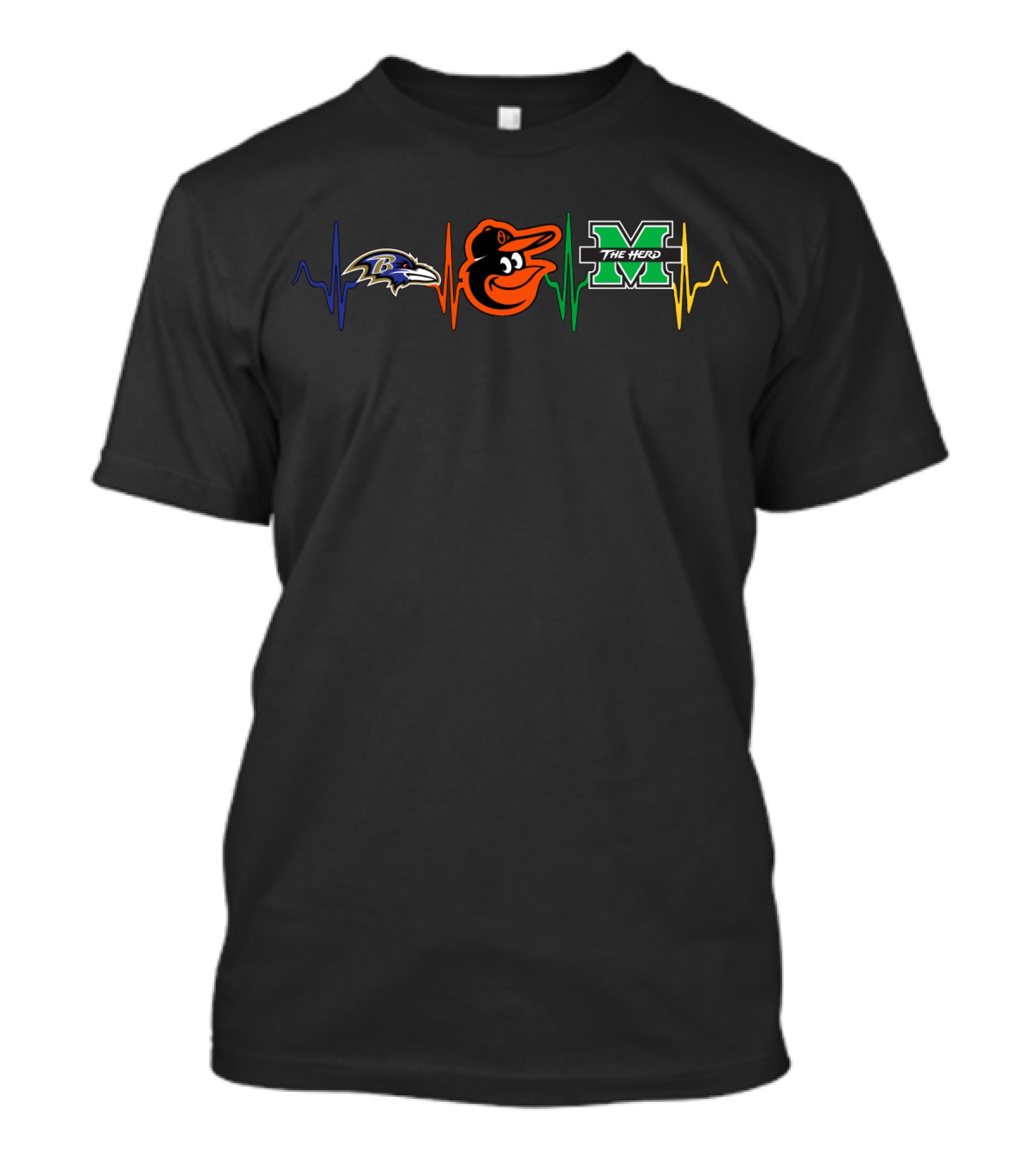 Baltimore Ravens Orioles Marshall Thundering Herd Heartbeat T-Shirt