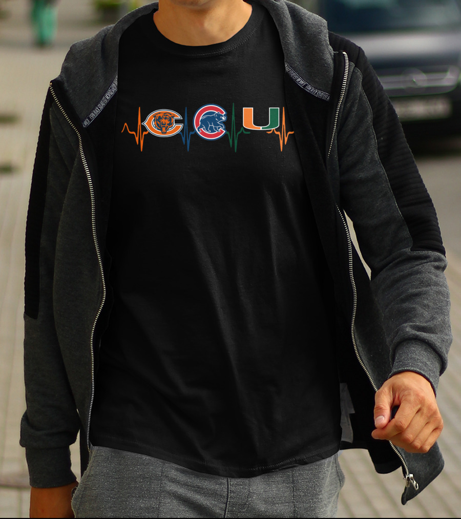Chicago Bears Cubs Miami Hurricanes Heartbeat T-Shirt