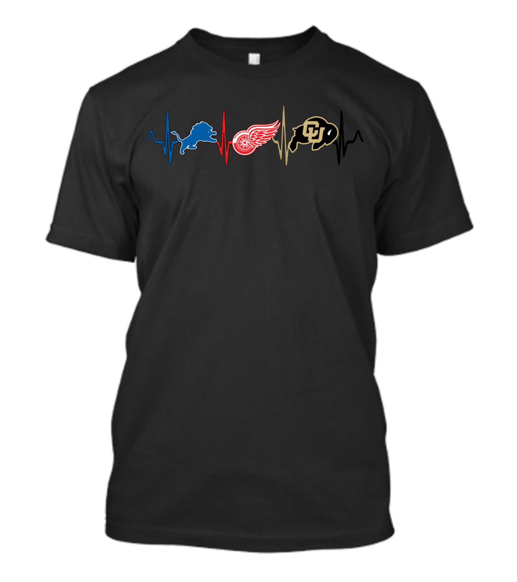 Love Detroit Lions Red Wings Colorado Buffaloes Heartbeat T-Shirt