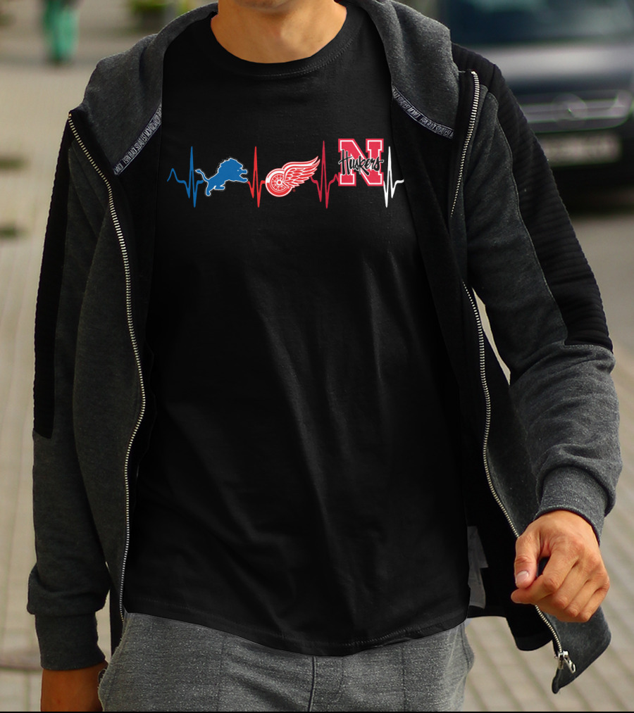 Detroit Lions Red Wings Nebraska Huskers Heartbeat T-Shirt