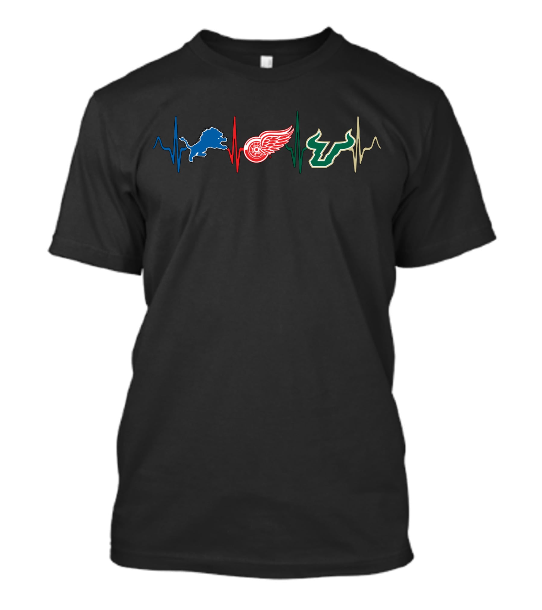Detroit Lions Red Wings Usf Bulls Heartbeat Sfb T-Shirt