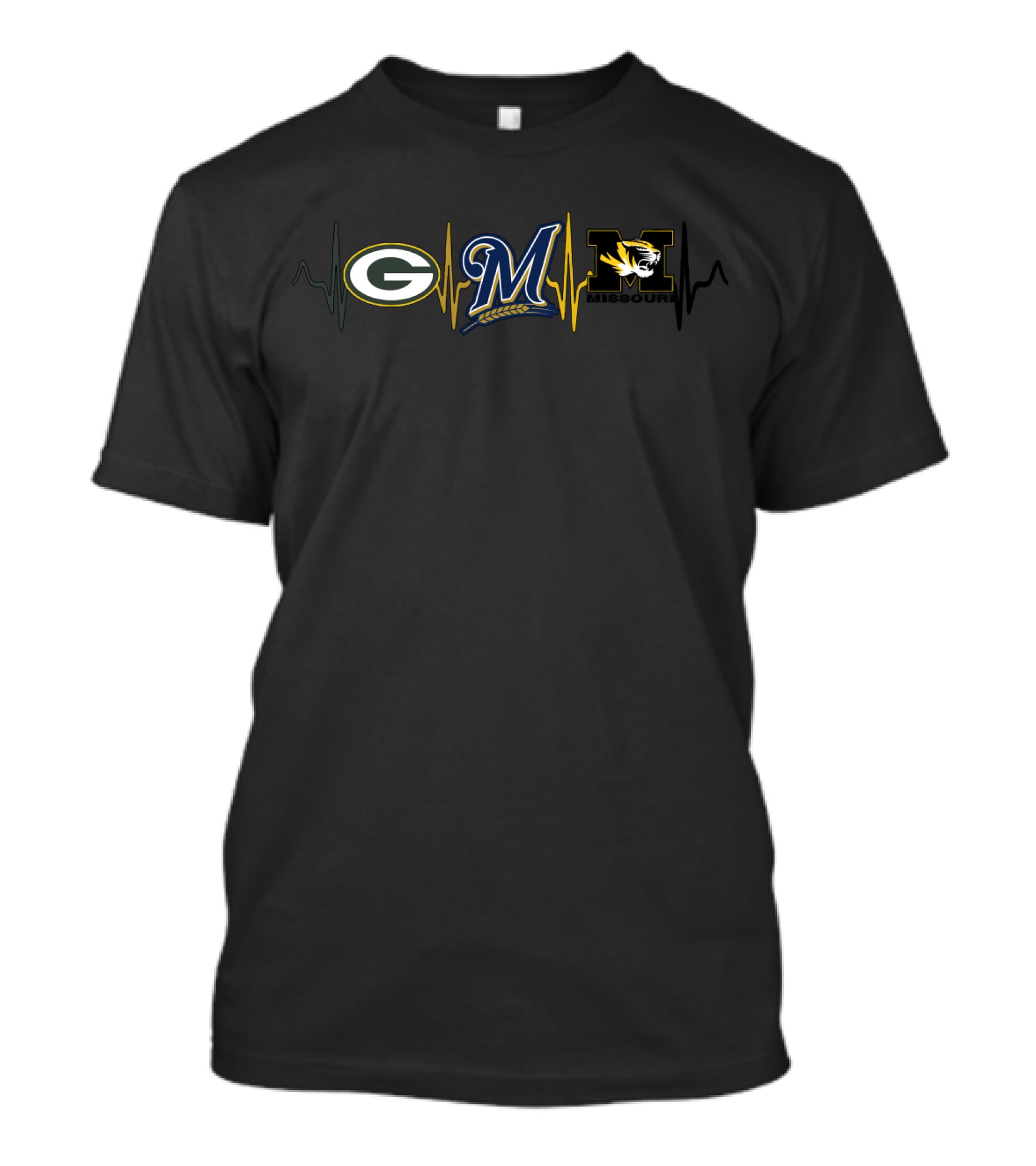 Green Bay Packers Milwaukee Brewers Missouri Tigers Heartbeat T-Shirt