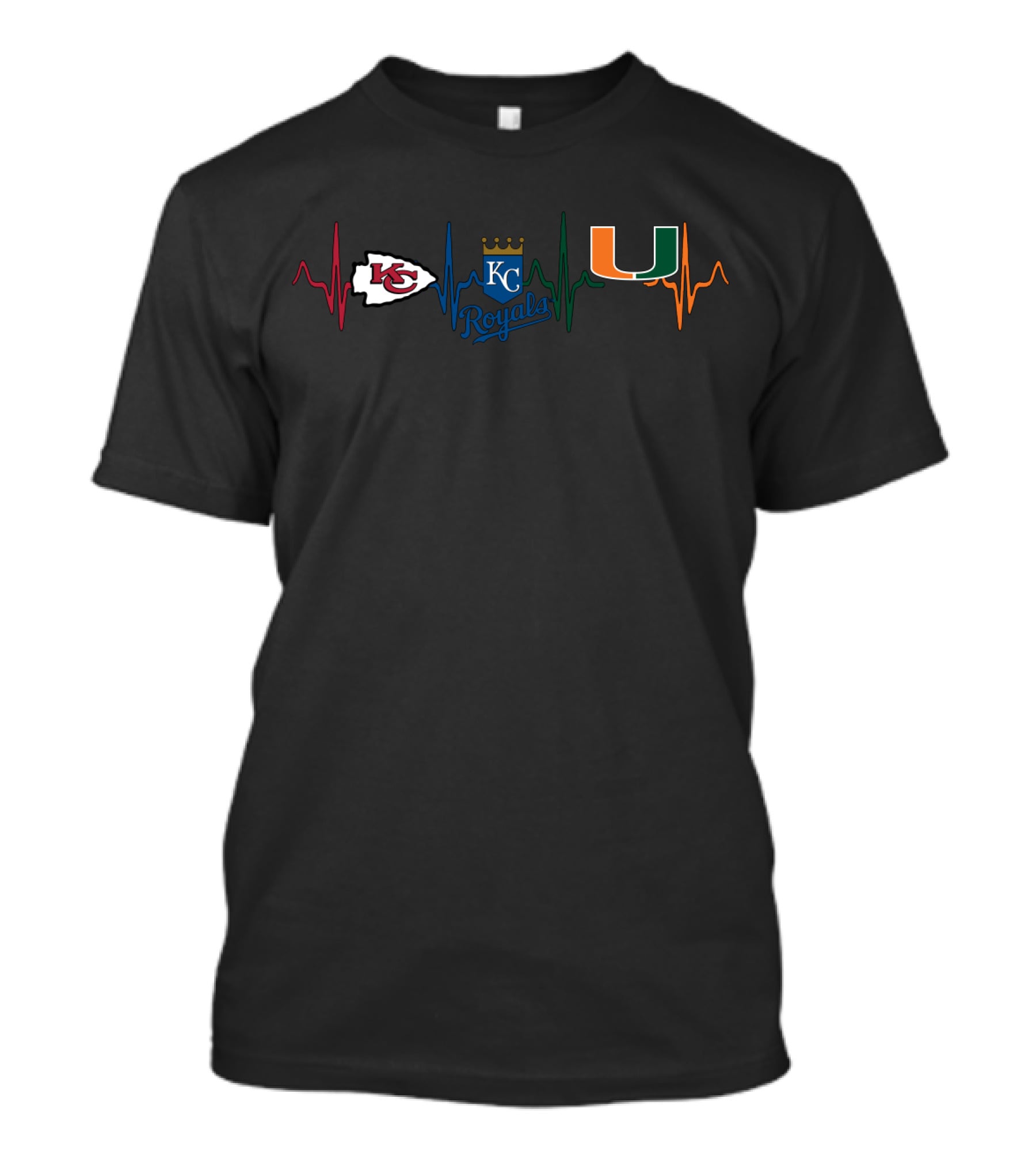 Kansas City Chiefs Kc Royals Heartbeat With Miami Hurricanes T-Shirt