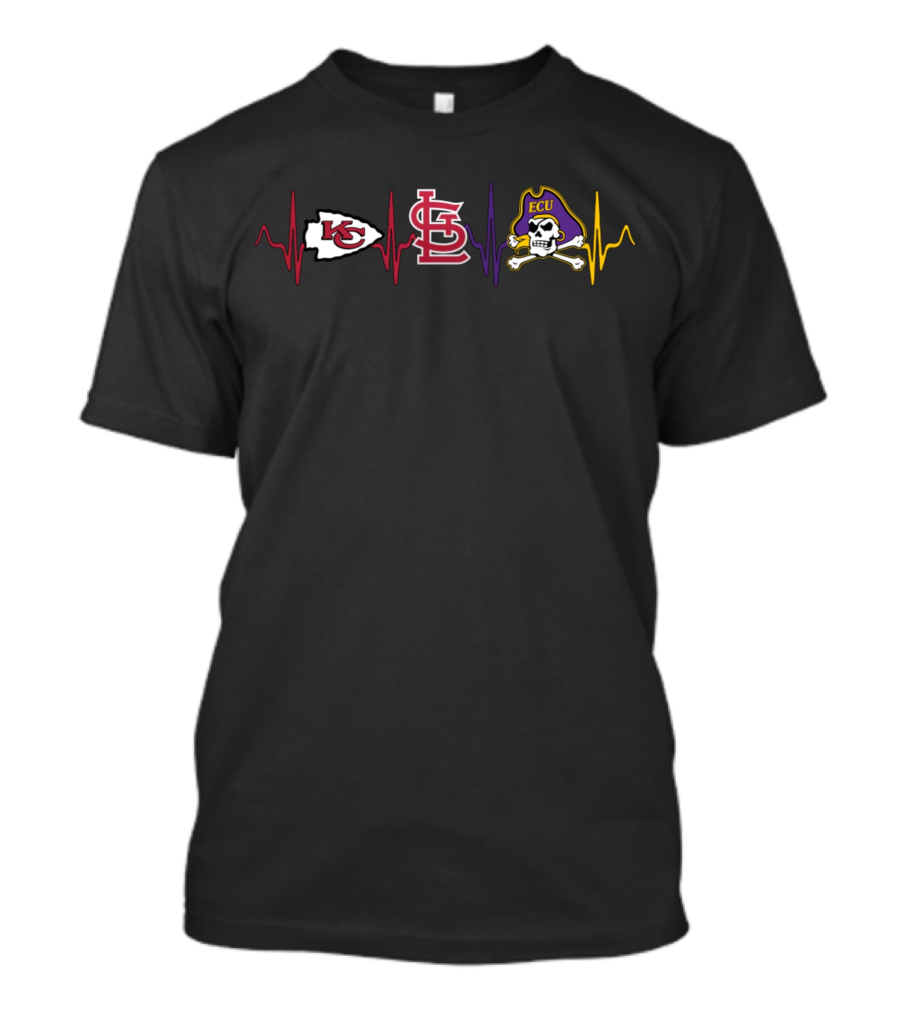 Kansas City Chiefs Saint Louis Cardinals Ecu Pirates Heartbeat Ekg T-Shirt