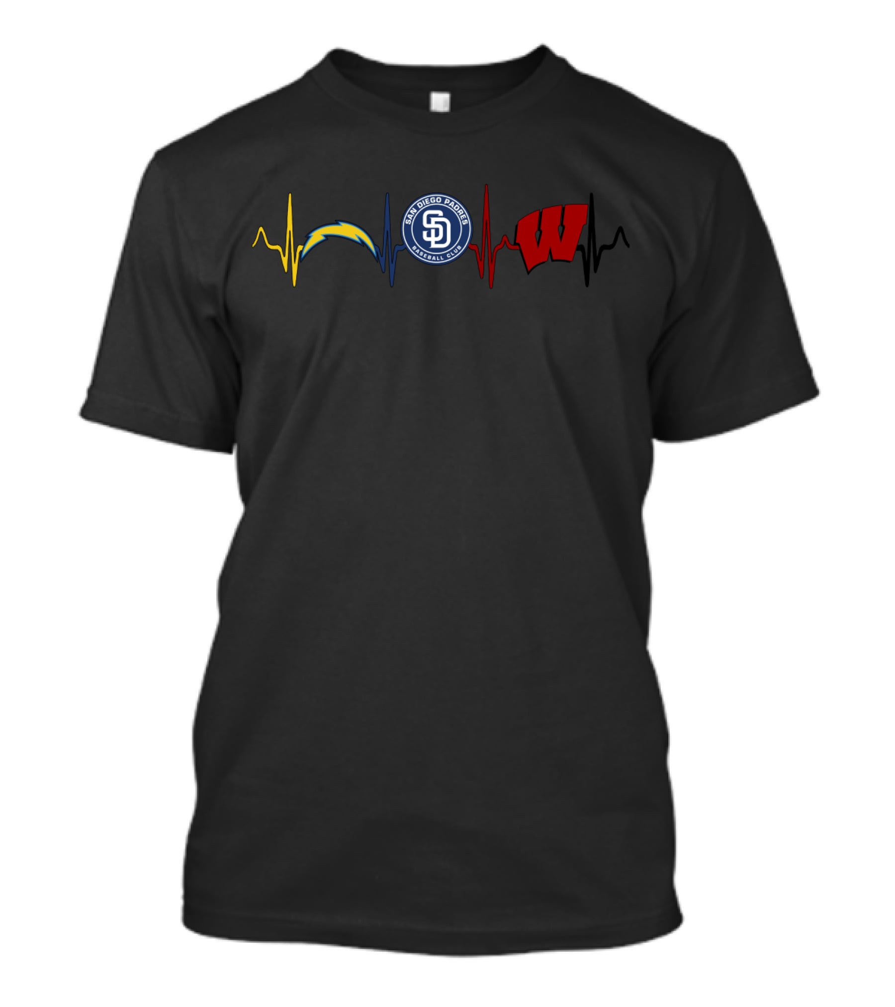Love Chargers Padres Wisconsin Badgers Heartbeat T-Shirt