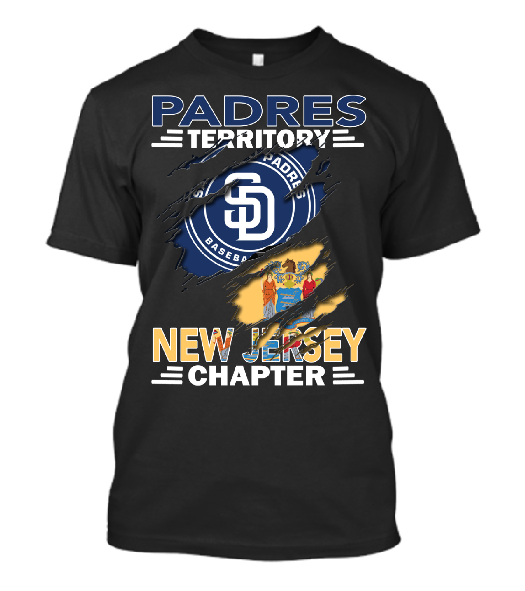 Padres Territory New Jersey Chapter SD Baseball Logo And State Flag Elements T-Shirt
