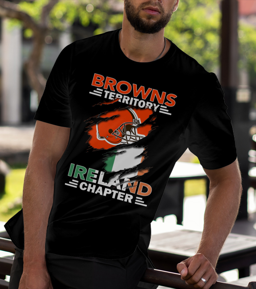 Browns Territory Ireland Chapter Helmet And Irish Flag Background T-Shirt