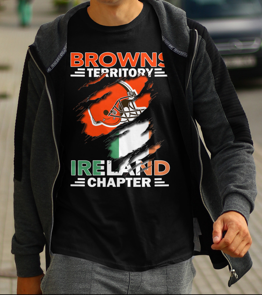 Browns Territory Ireland Chapter Helmet And Irish Flag Background T-Shirt