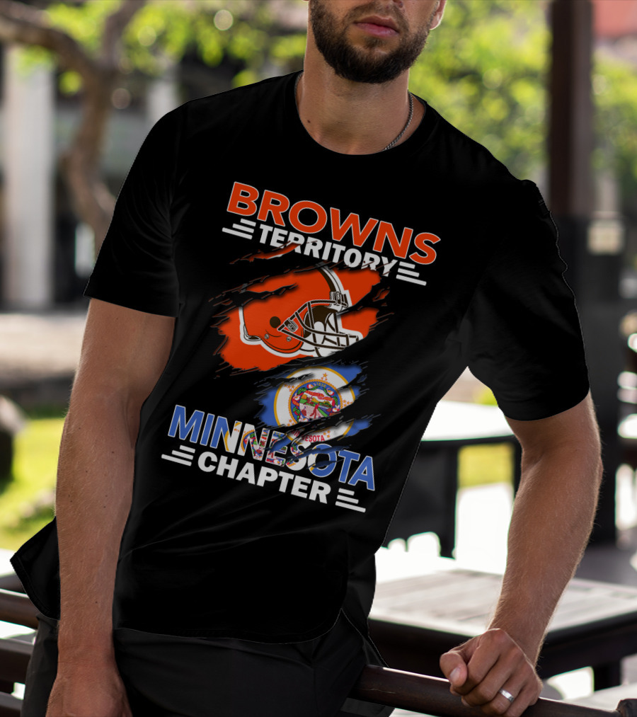 Browns Territory Minnesota Chapter Football Helmet And State Emblem Orange Black Blue Bar Logo Team Flag T-Shirt