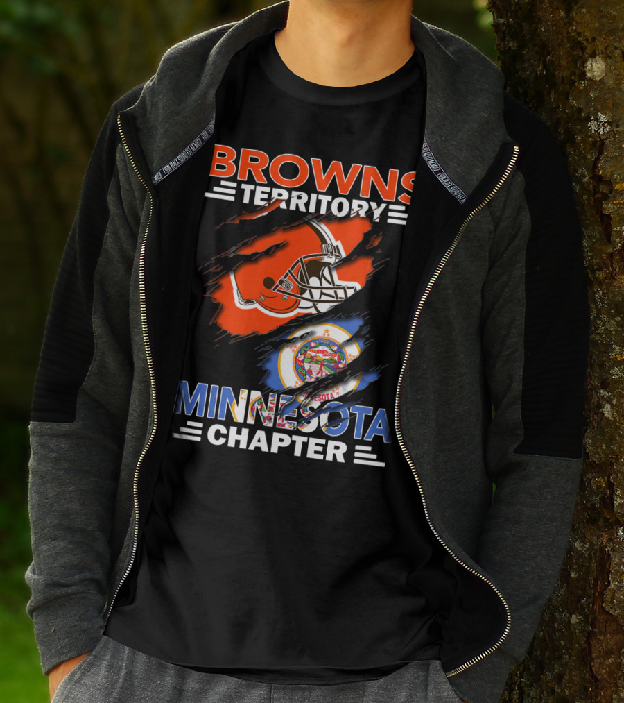 Browns Territory Minnesota Chapter Football Helmet And State Emblem Orange Black Blue Bar Logo Team Flag T-Shirt