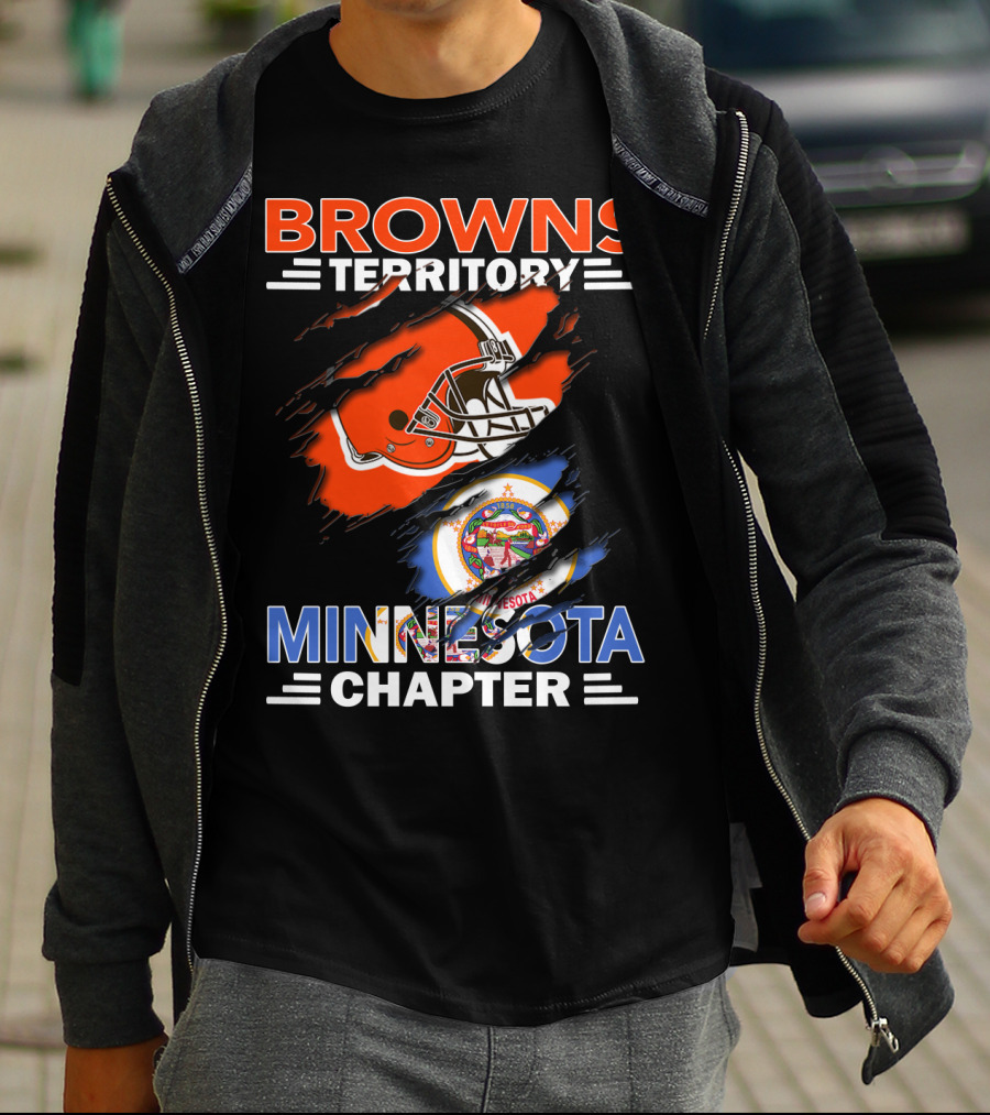 Browns Territory Minnesota Chapter Football Helmet And State Emblem Orange Black Blue Bar Logo Team Flag T-Shirt