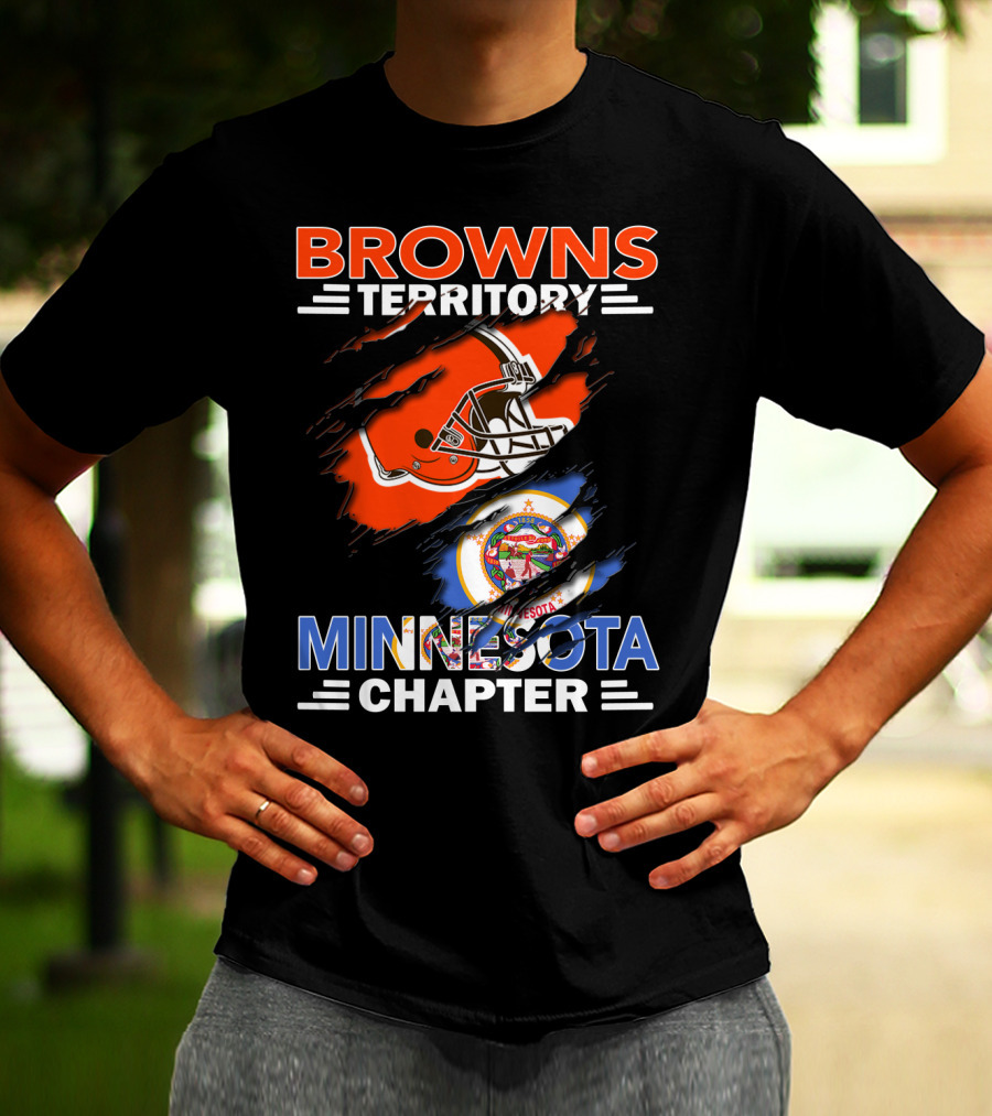 Browns Territory Minnesota Chapter Football Helmet And State Emblem Orange Black Blue Bar Logo Team Flag T-Shirt