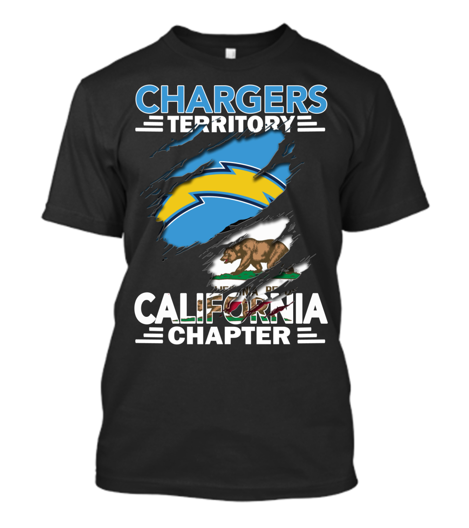 Chargers Territory California Chapter Lightning Bolt And Bear Flag T-Shirt