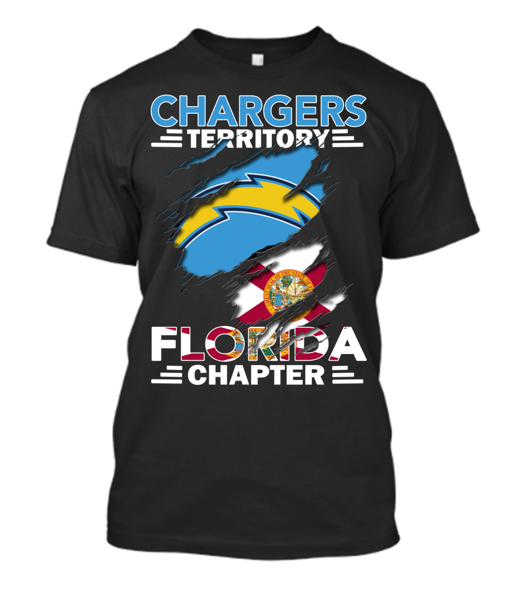 Chargers Territory Florida Chapter Logo With Florida State Flag And Bolt T-Shirt