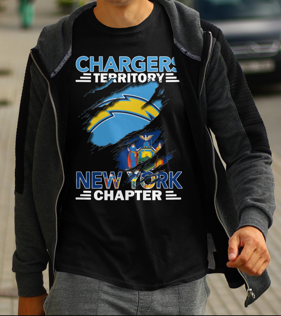 Chargers Territory New York Chapter Logo With Lightning Bolt And New York State Flag T-Shirt