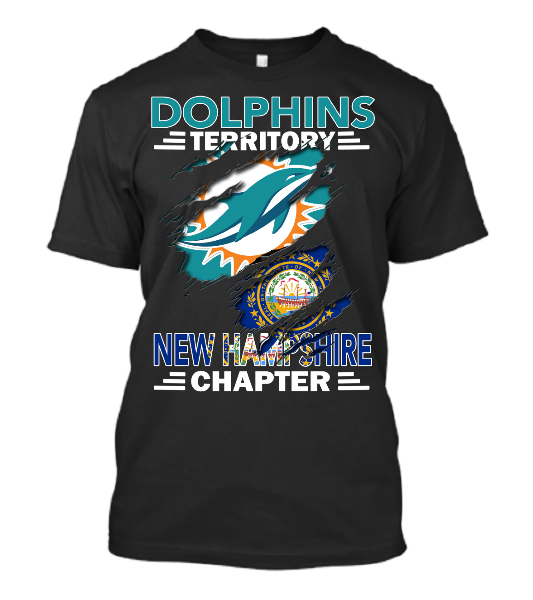 Dolphins Territory New Hampshire Chapter Miami Dolphins Logo New Hampshire Seal T-Shirt