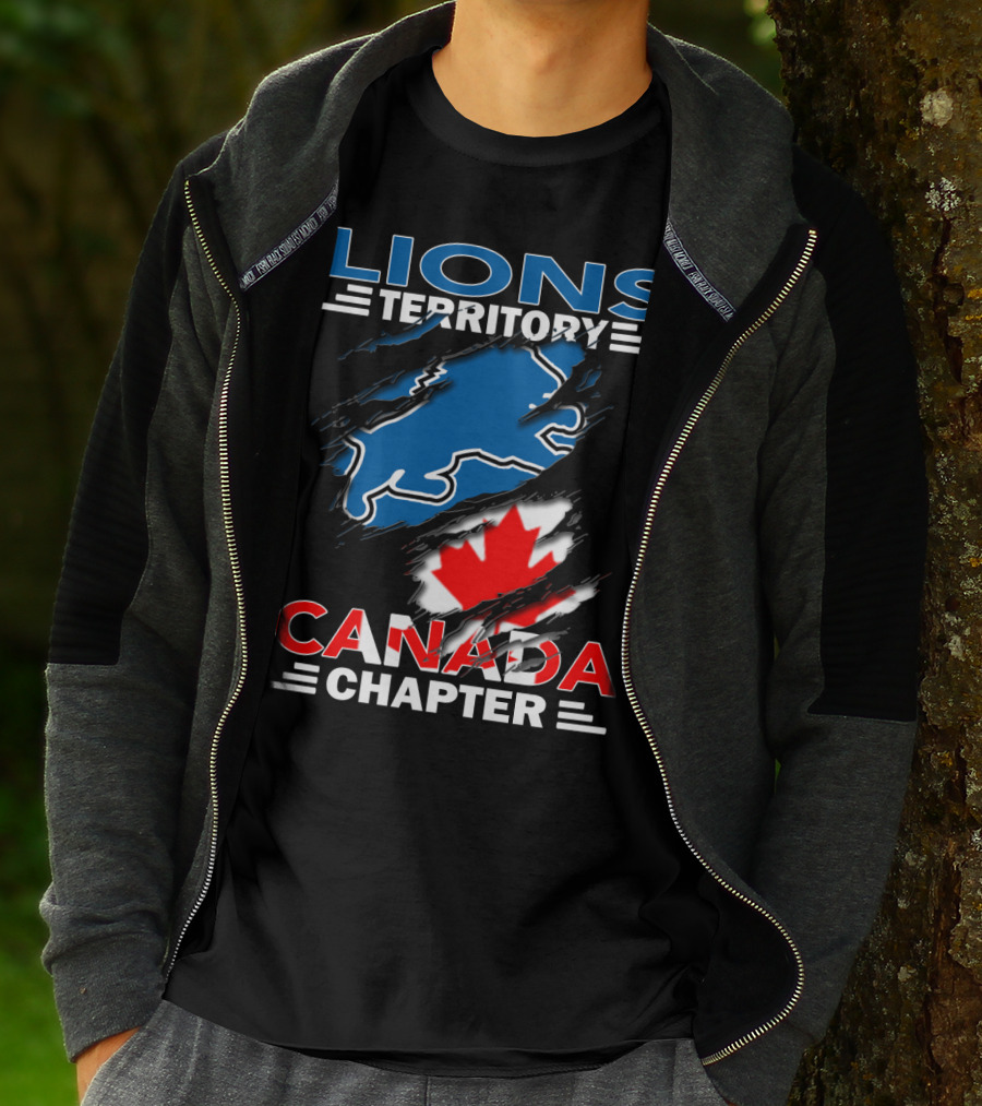 Lions Territory Canada Chapter Blue Lion Silhouette Red Maple Leaf T-Shirt