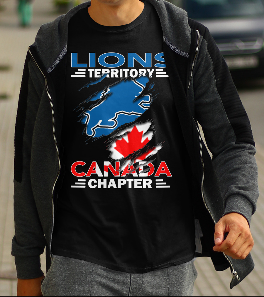 Lions Territory Canada Chapter Blue Lion Silhouette Red Maple Leaf T-Shirt