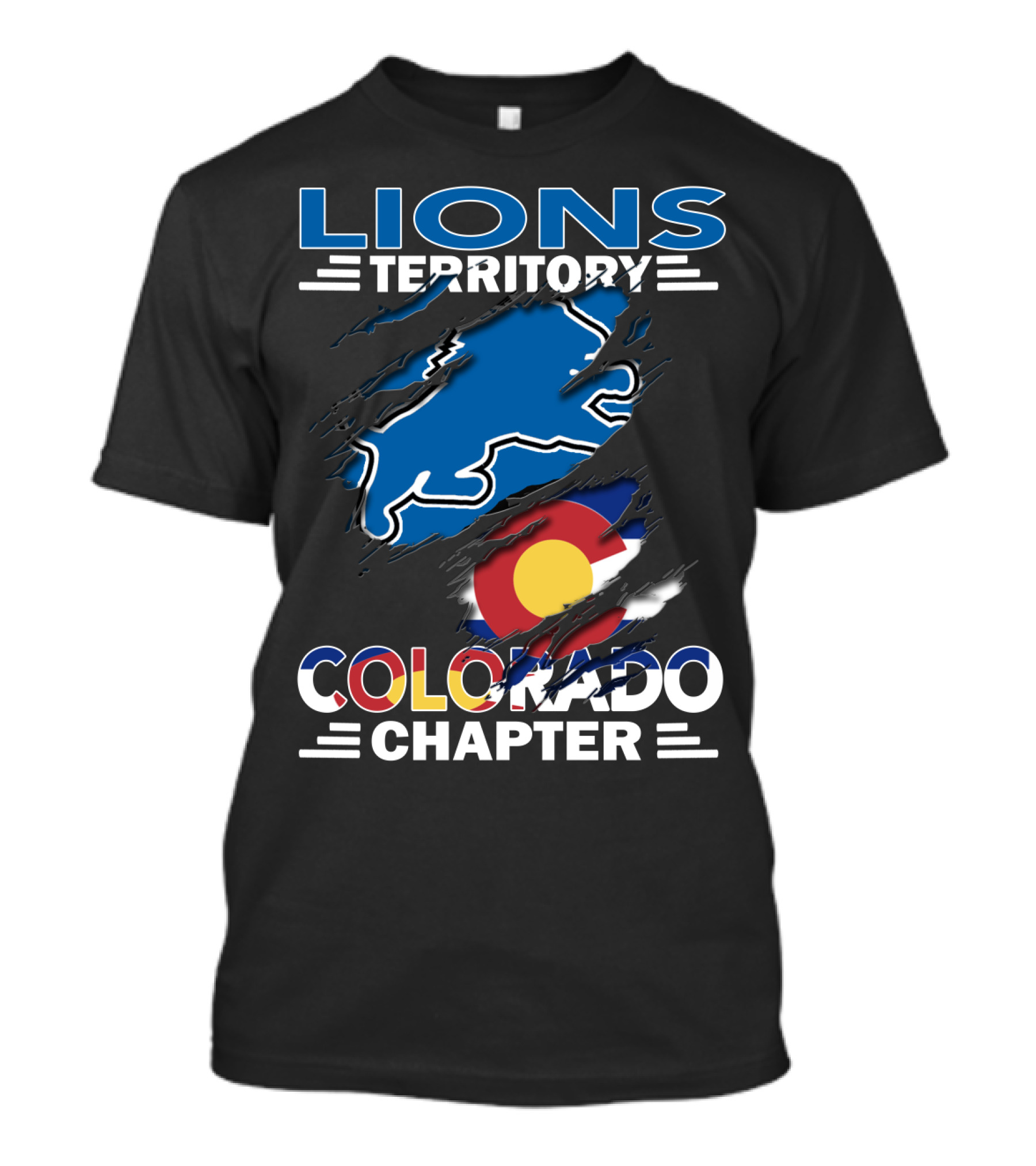 Lions Territory Colorado Chapter Blue Lion And Colorado Flag T-Shirt