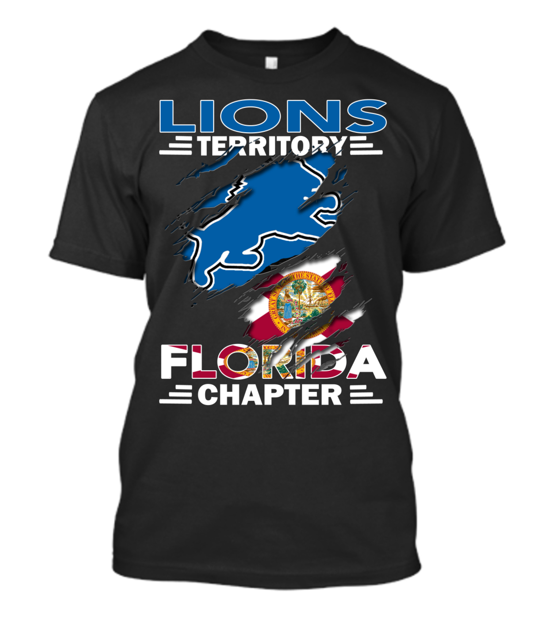 Lions Territory Florida Chapter Blue Lion Outline With Florida State Flag Tear T-Shirt