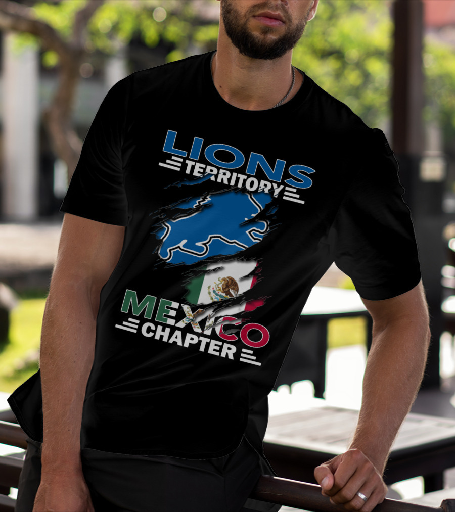 Lions Territory Mexico Chapter Blue Lion Silhouette And Mexican Flag T-Shirt