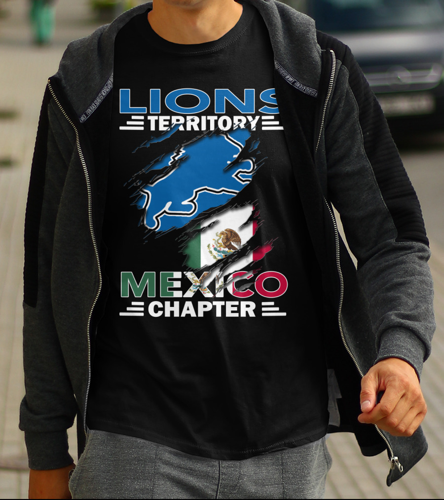 Lions Territory Mexico Chapter Blue Lion Silhouette And Mexican Flag T-Shirt
