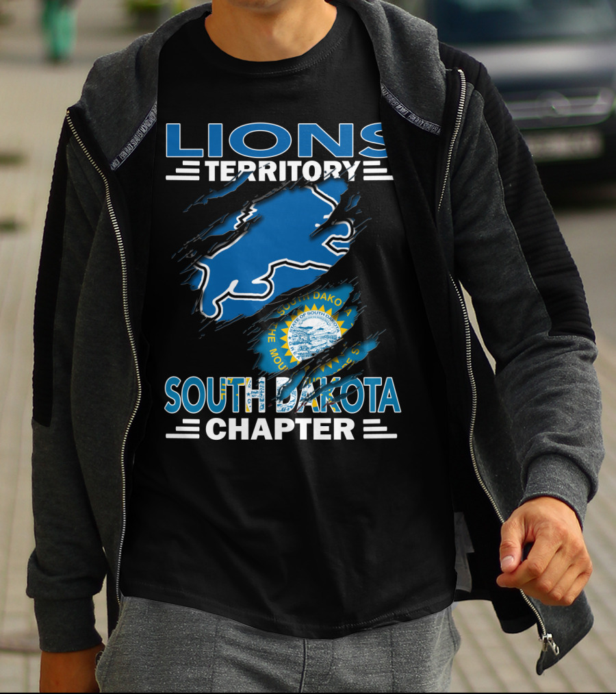 Lions Territory South Dakota Chapter State Emblem And Blue Lion T-Shirt