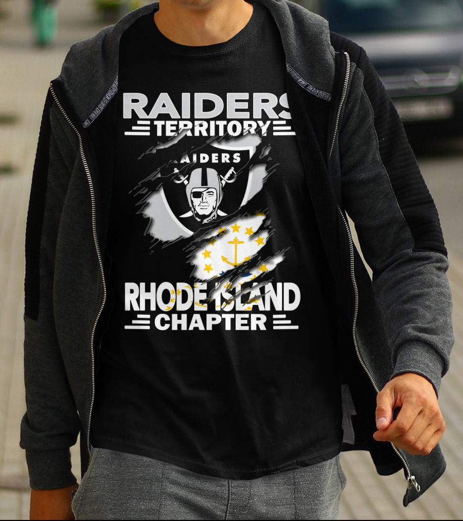Raiders Territory Rhode Island Chapter Emblem And State Flag Integration T-Shirt