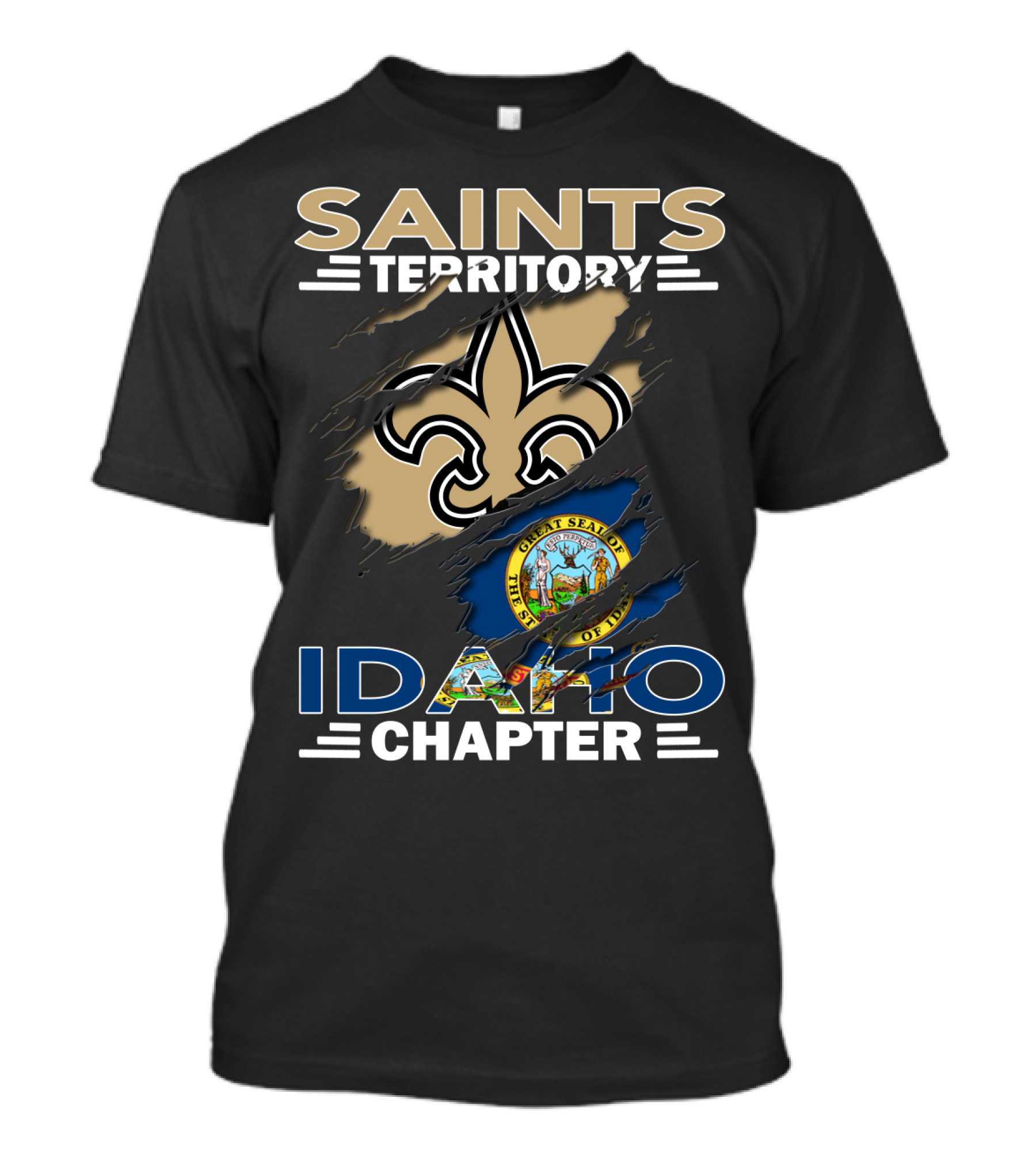Saints Territory Idaho Chapter New Orleans Fleur-de-Lis And Idaho State Seal T-Shirt