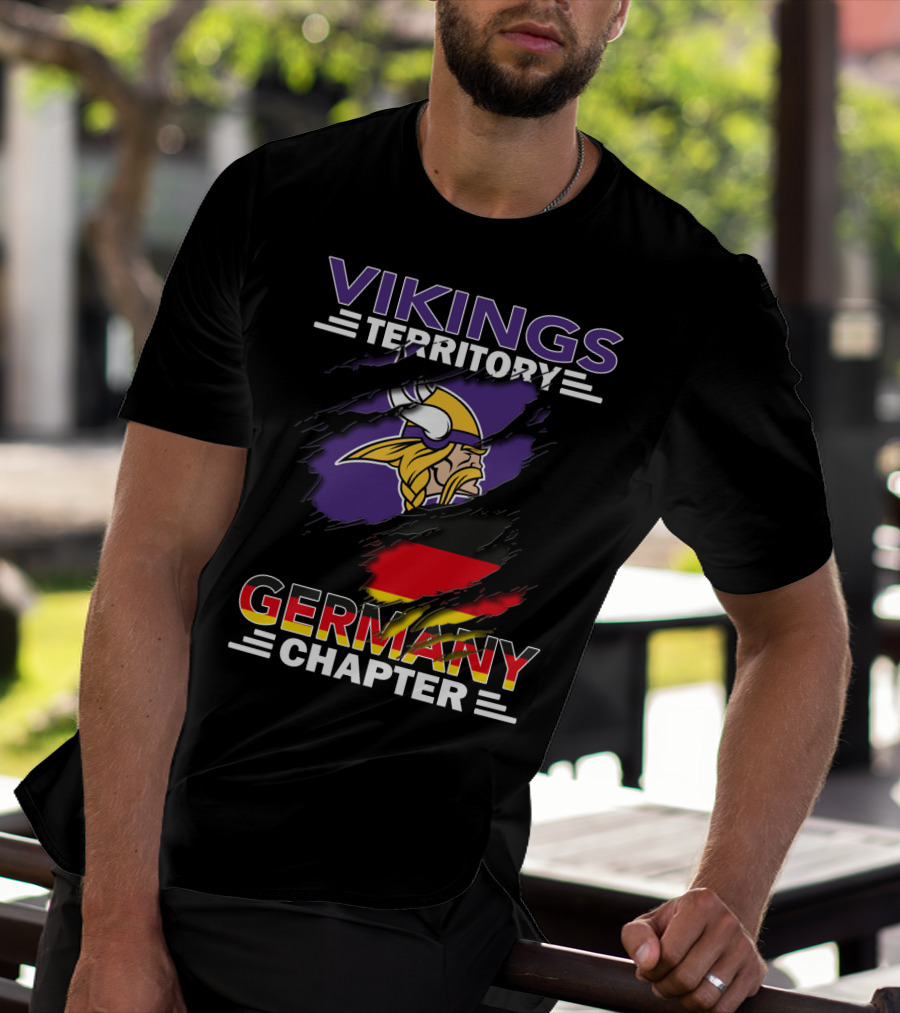 Vikings Territory Germany Chapter Purple And Gold Logo With German Flag Background T-Shirt