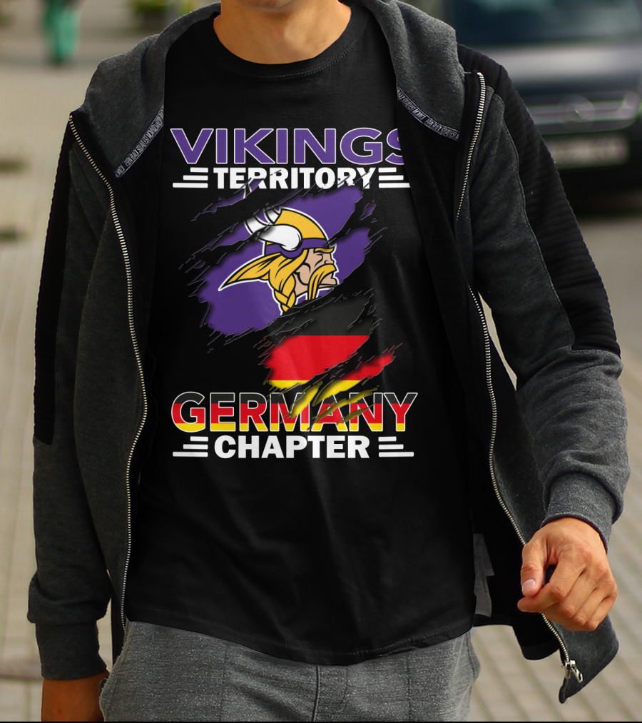 Vikings Territory Germany Chapter Purple And Gold Logo With German Flag Background T-Shirt