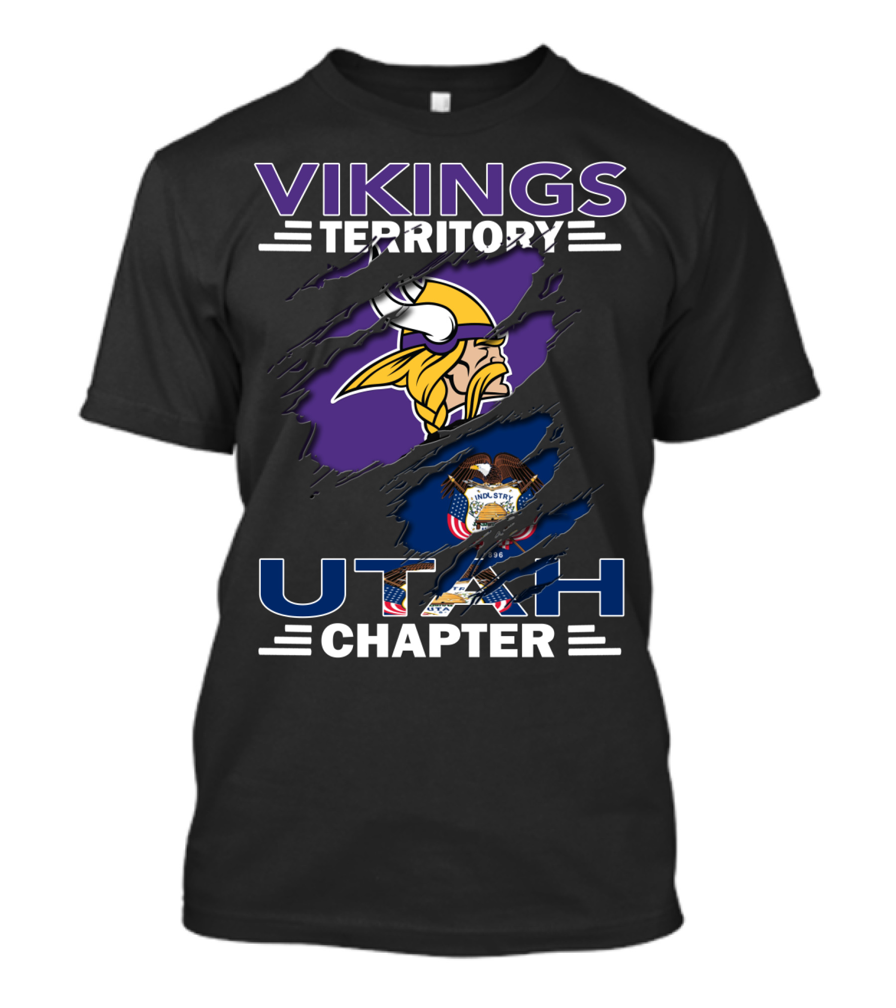 Vikings Territory Utah Chapter Emblem With Viking Helmet And Utah State Flag T-Shirt