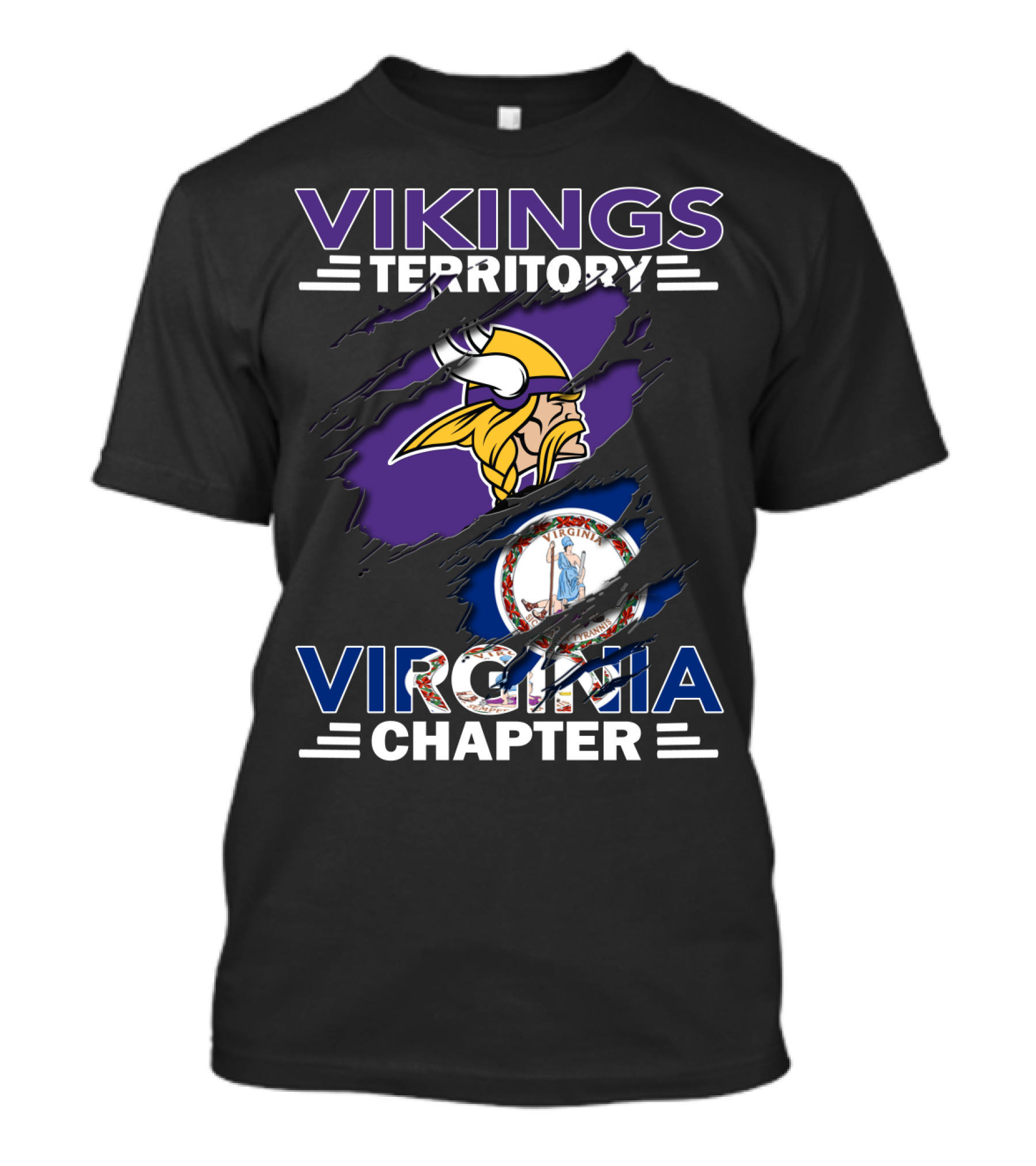 Vikings Territory Virginia Chapter Logo With State Flag Ripped Effect T-Shirt