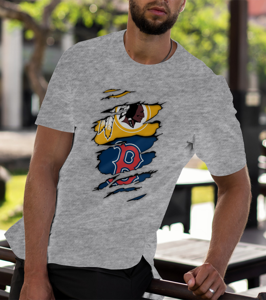 Washington Redskins Boston Red Sox Logos Dual Ripped T-Shirt