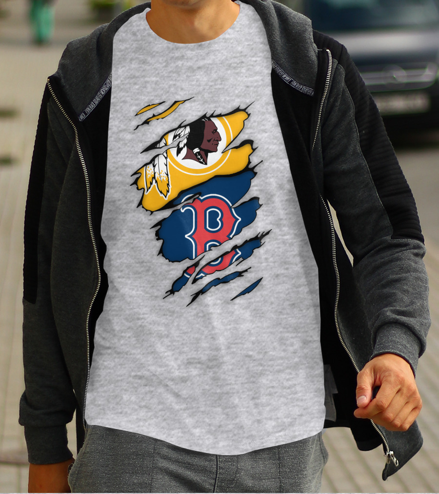 Washington Redskins Boston Red Sox Logos Dual Ripped T-Shirt