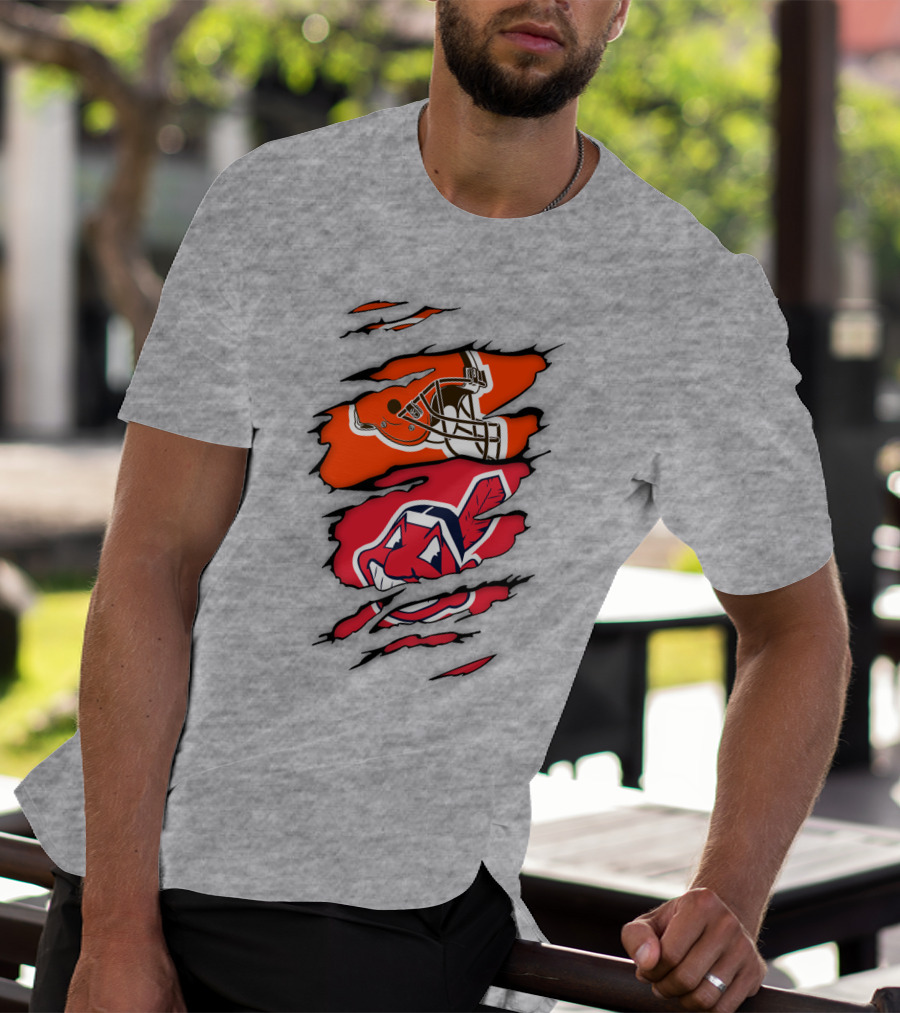 Cleveland Indians Browns Football Helmet Chief Wahoo Torn Rip T-Shirt